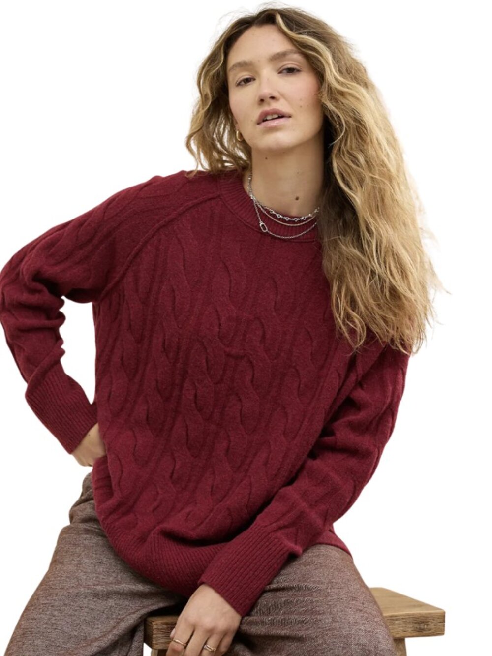 Aerie unREAL Cable Knit Sweater Pullover Women's Small Red Chunky Knit Soft Cozy